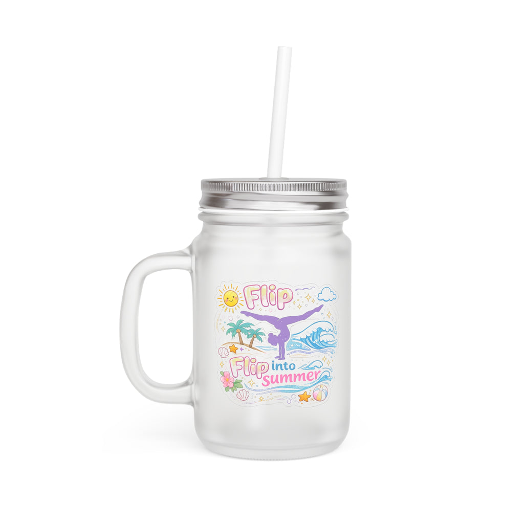 Flip Into Summer Mason Jar Tumbler — Beach Vacation Drink Mug with Straw