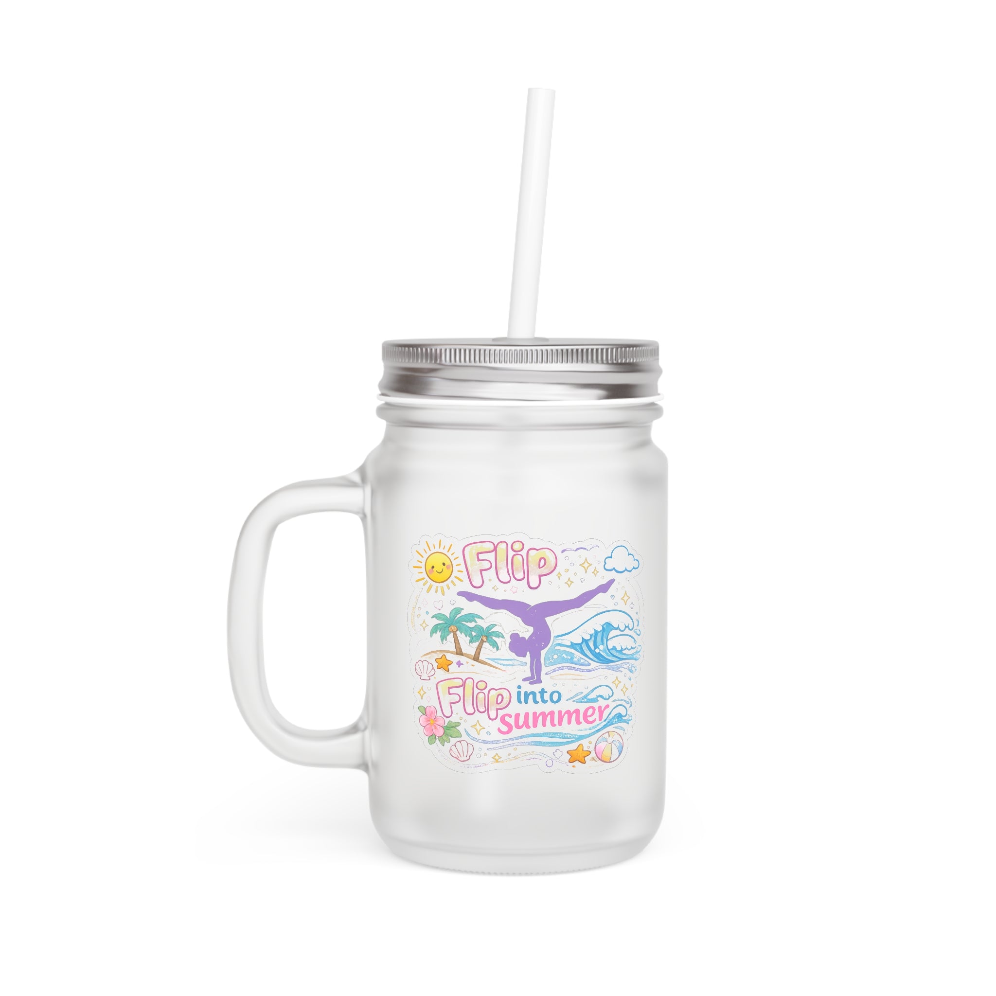 Flip Into Summer Mason Jar Tumbler — Beach Vacation Drink Mug with Straw