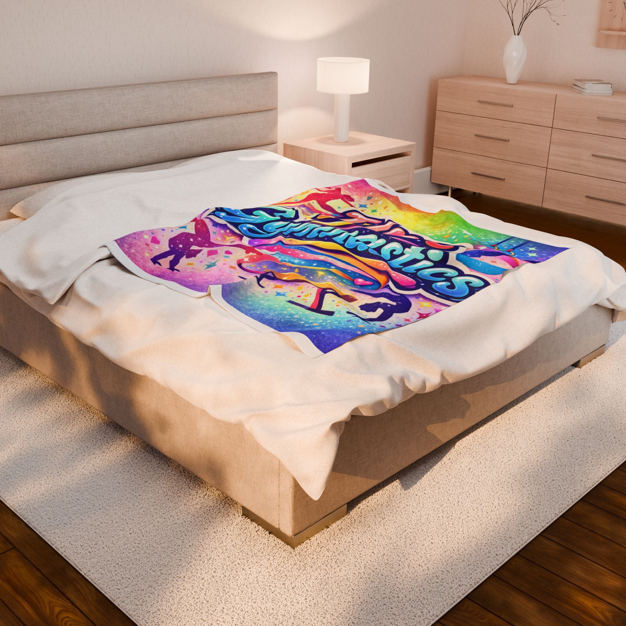 I Love Gymnastics Velveteen Plush Blanket — Colorful Rainbow Gymnast Throw for Kids & Teens