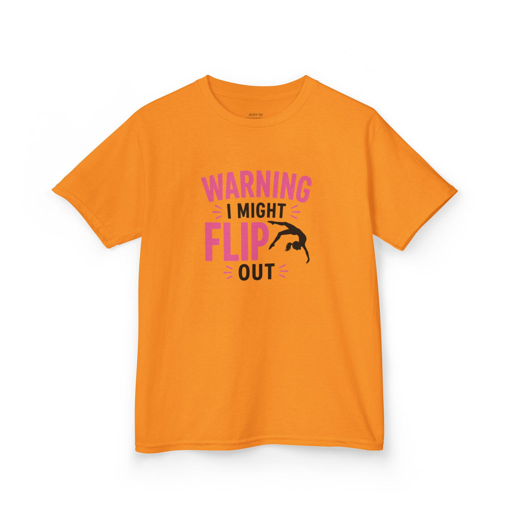 Kids T-Shirt — "Warning I Might Flip Out" Gymnastics Tee