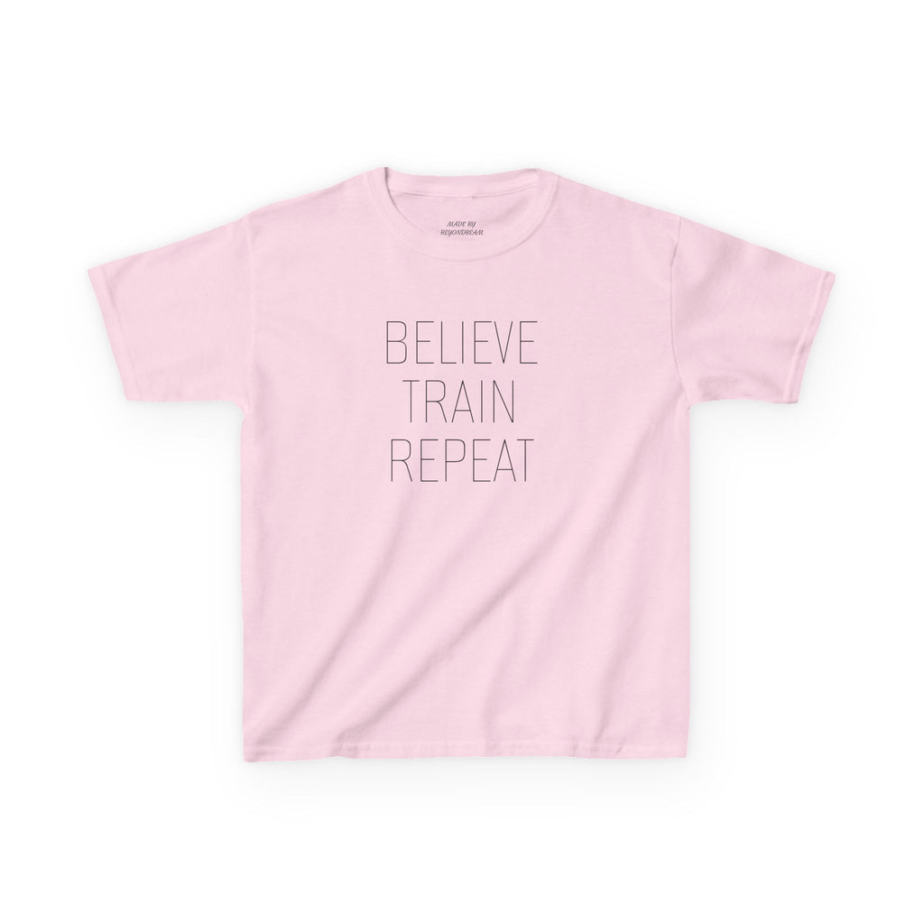 Kids Tee — "Believe Train Repeat" Motivational Sports Shirt