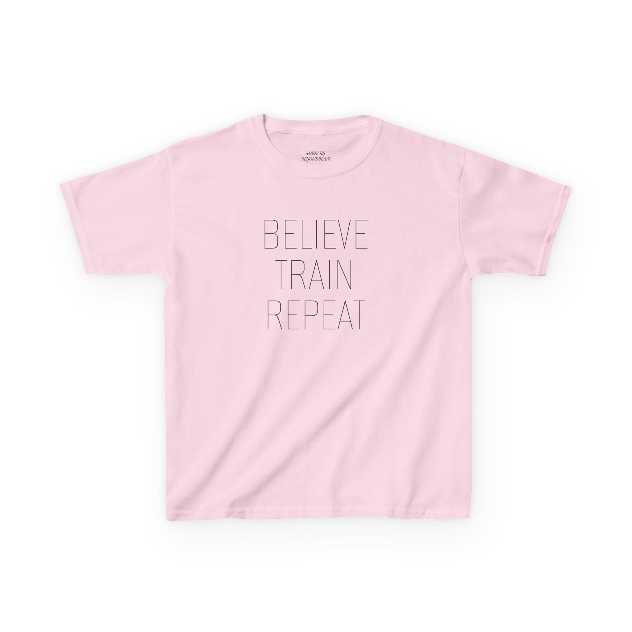 Kids Tee — "Believe Train Repeat" Motivational Sports Shirt