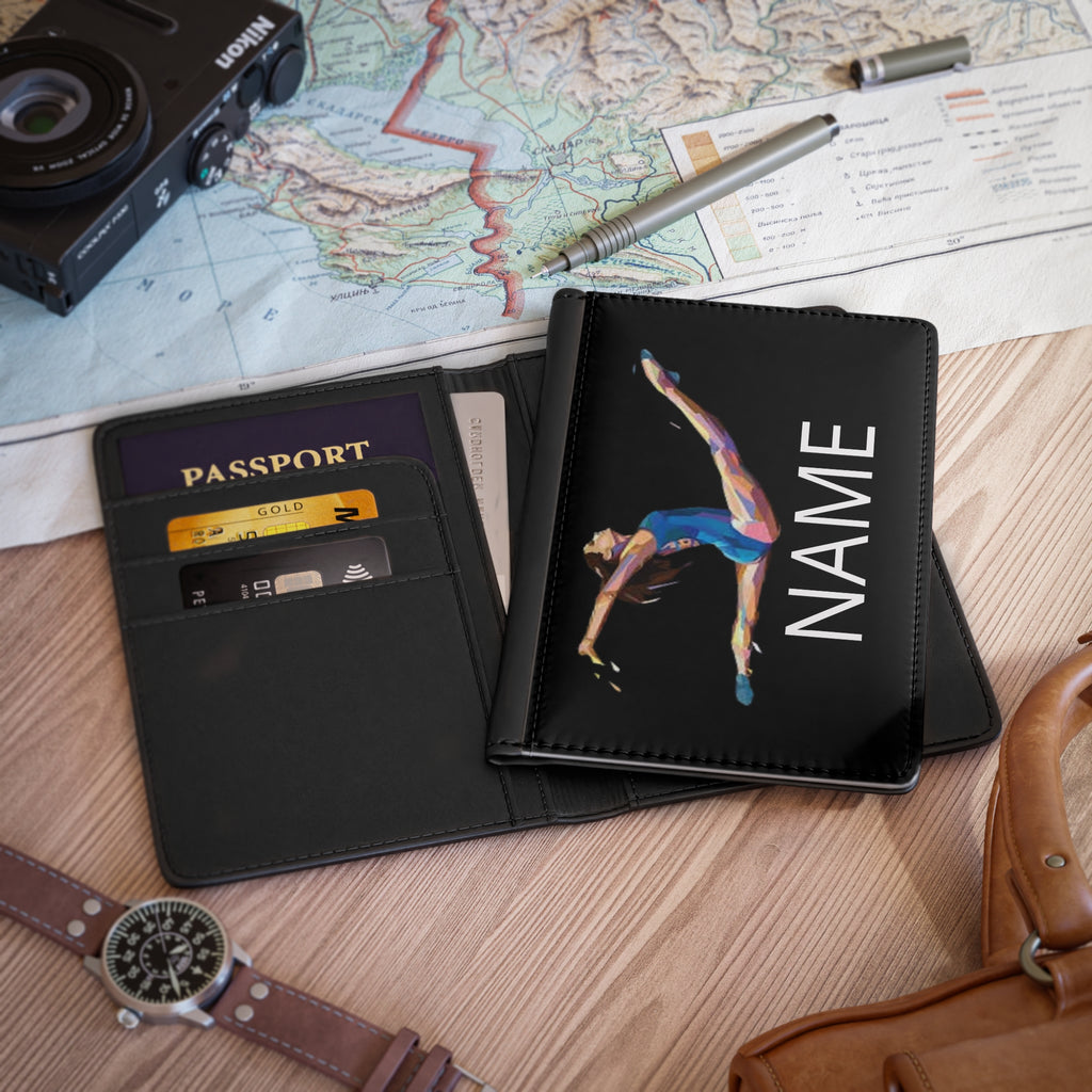 Gymnast Passport Cover – Personalized Name Travel Holder with Colorful Gymnast Silhouette