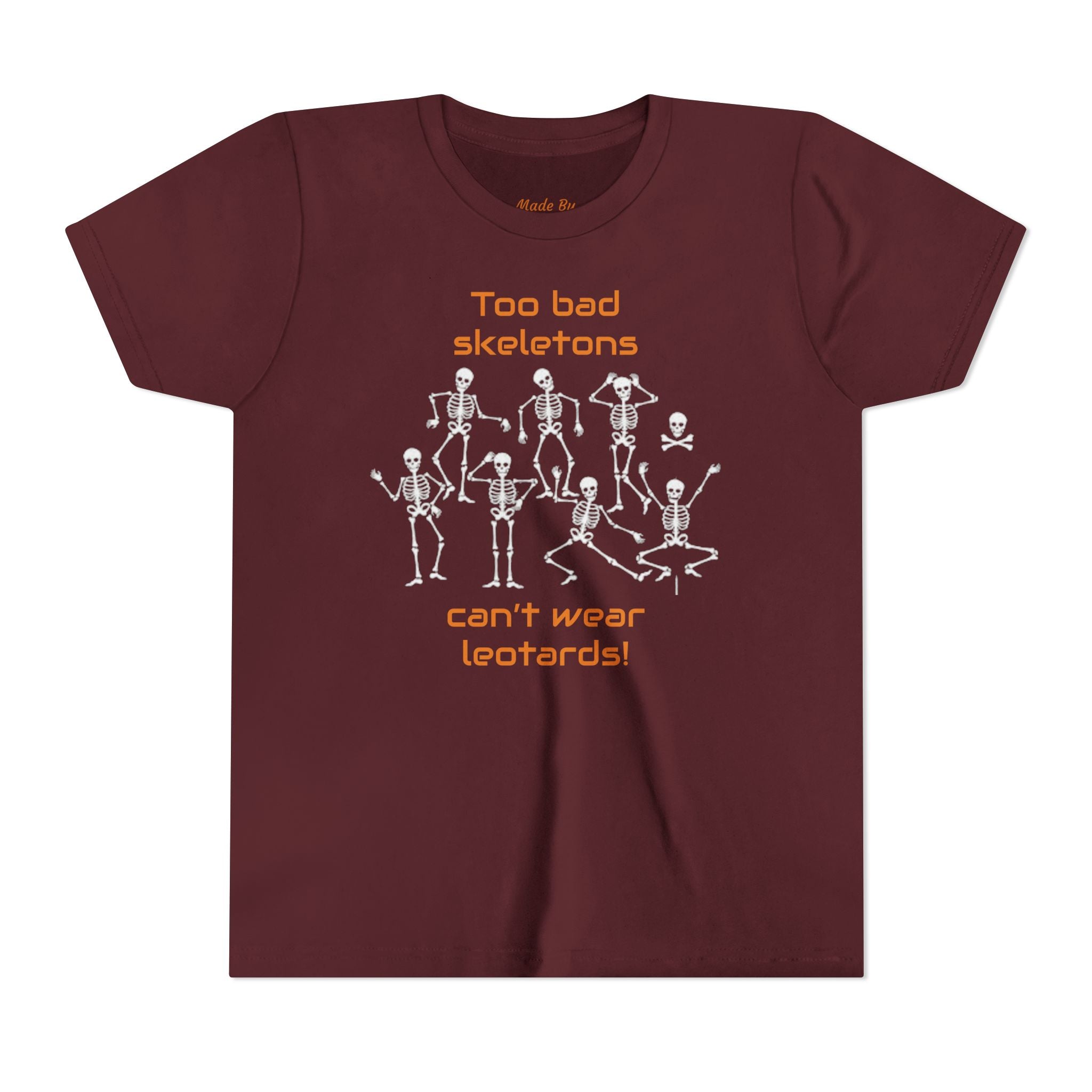 Kids Halloween Gymnastics Tee – ‘Too Bad Skeletons Can’t Wear Leotards!’ (Kids)