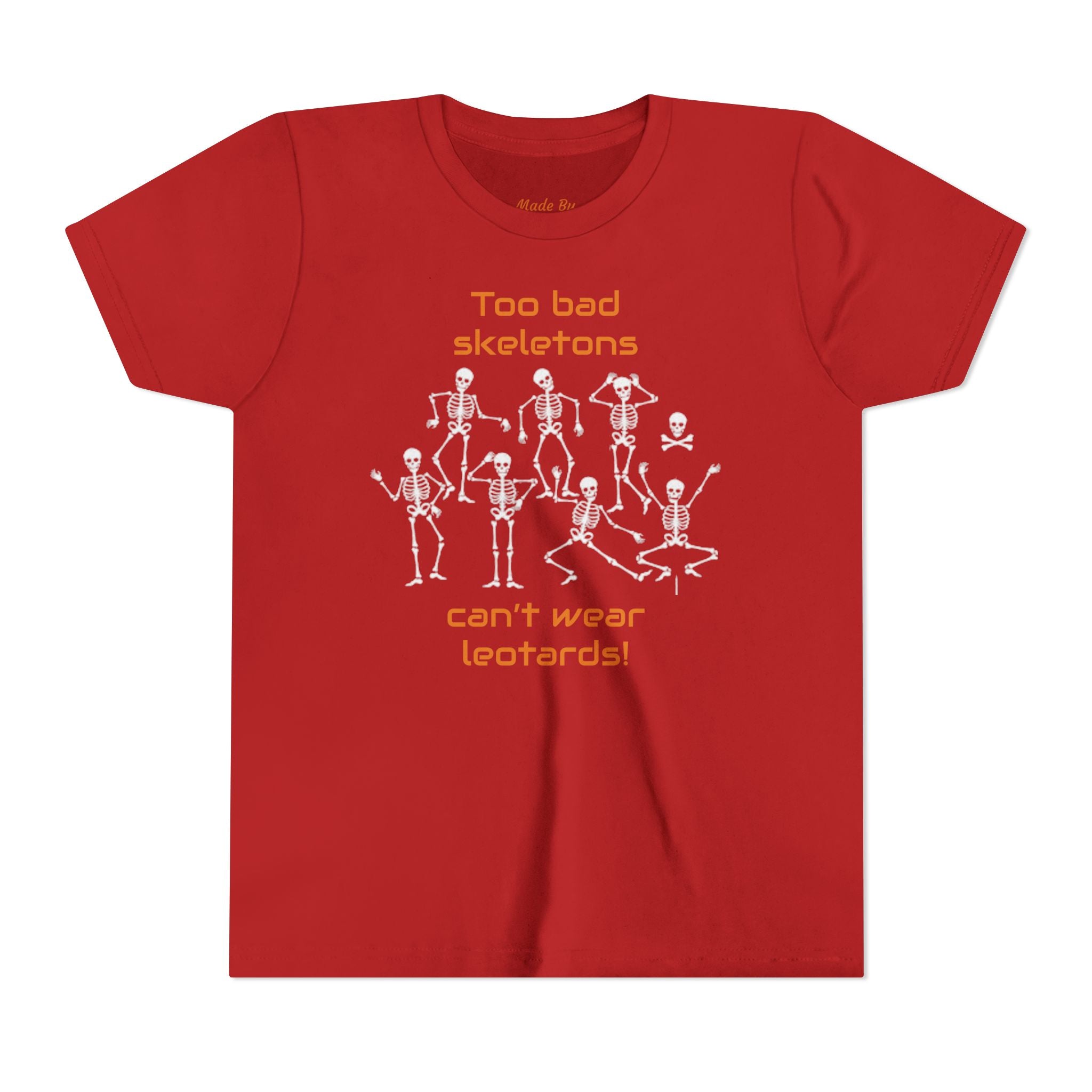 Kids Halloween Gymnastics Tee – ‘Too Bad Skeletons Can’t Wear Leotards!’ (Kids)