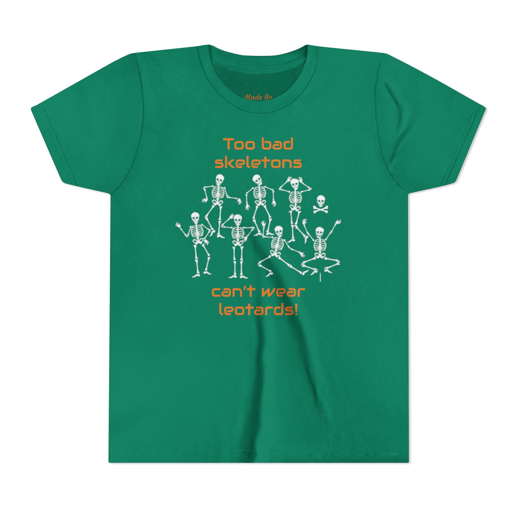 Kids Halloween Gymnastics Tee – ‘Too Bad Skeletons Can’t Wear Leotards!’ (Kids)