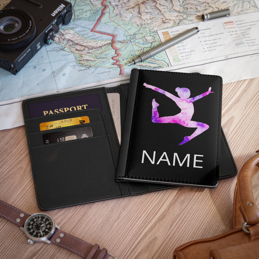 Personalized Name Passport Cover – Watercolor Gymnast Silhouette Travel Wallet