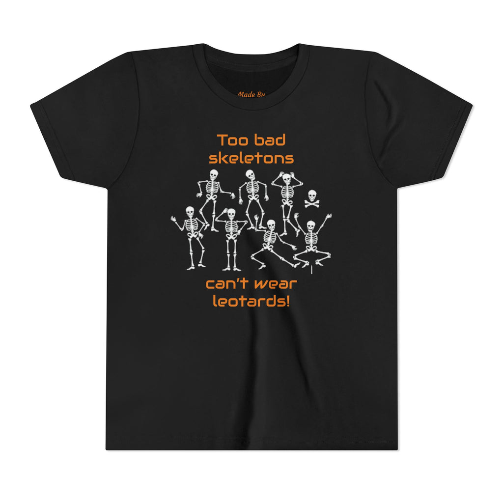 Kids Halloween Gymnastics Tee – ‘Too Bad Skeletons Can’t Wear Leotards!’ (Kids)