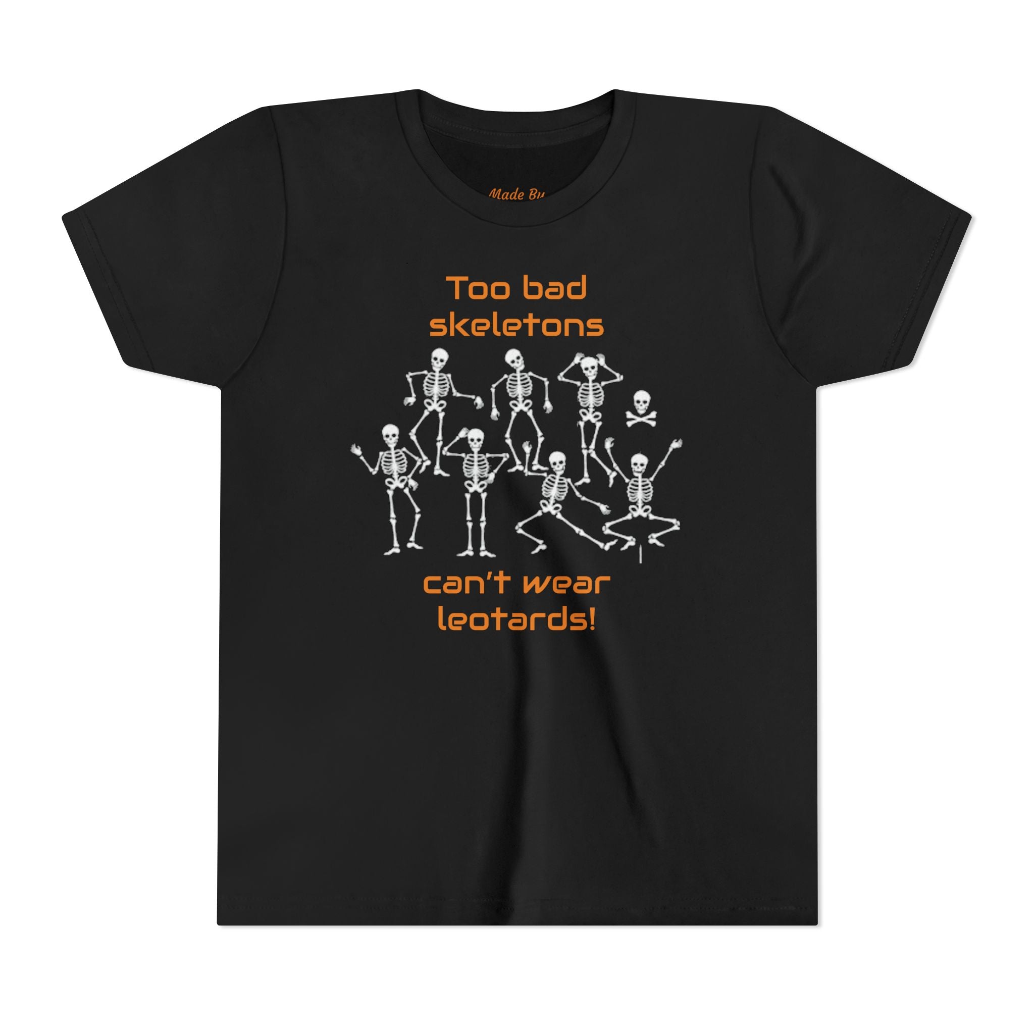 Kids Halloween Gymnastics Tee – ‘Too Bad Skeletons Can’t Wear Leotards!’ (Kids)