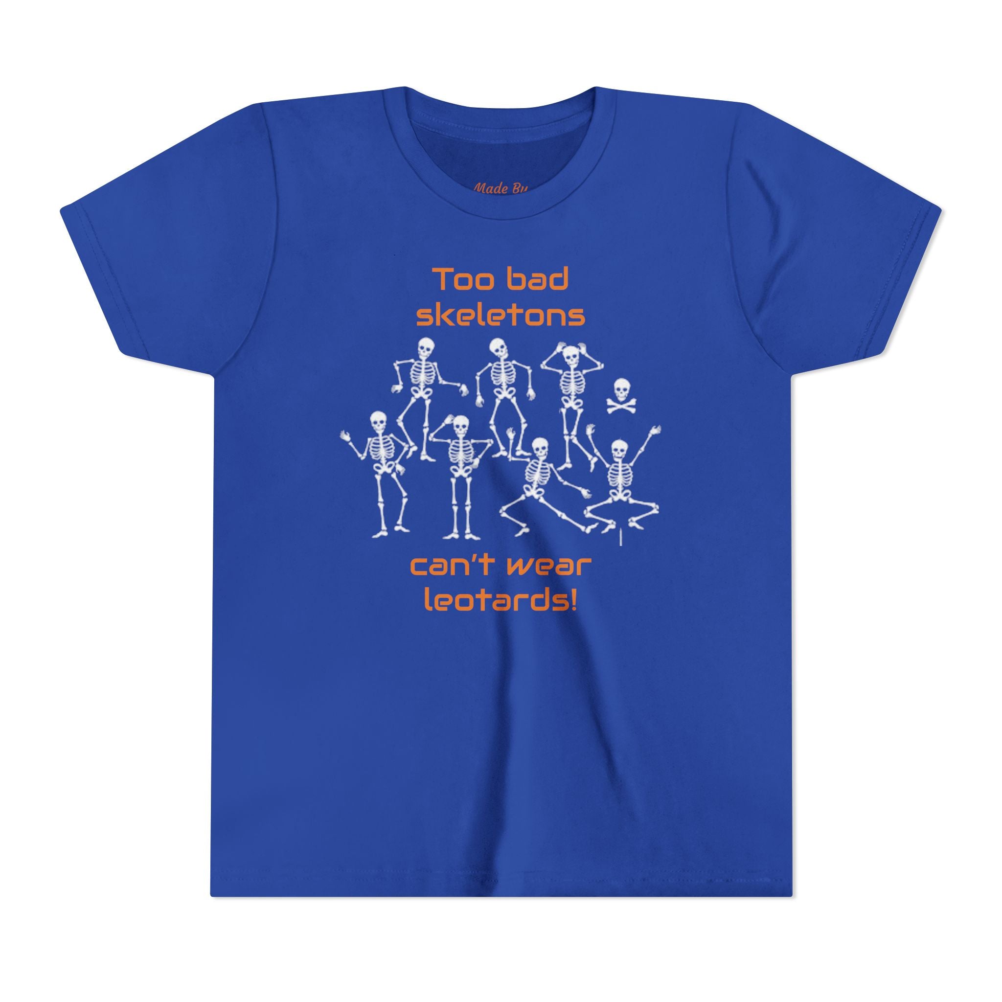 Kids Halloween Gymnastics Tee – ‘Too Bad Skeletons Can’t Wear Leotards!’ (Kids)