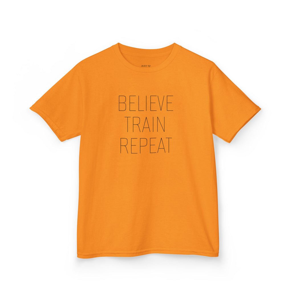 Kids Tee — "Believe Train Repeat" Motivational Sports Shirt