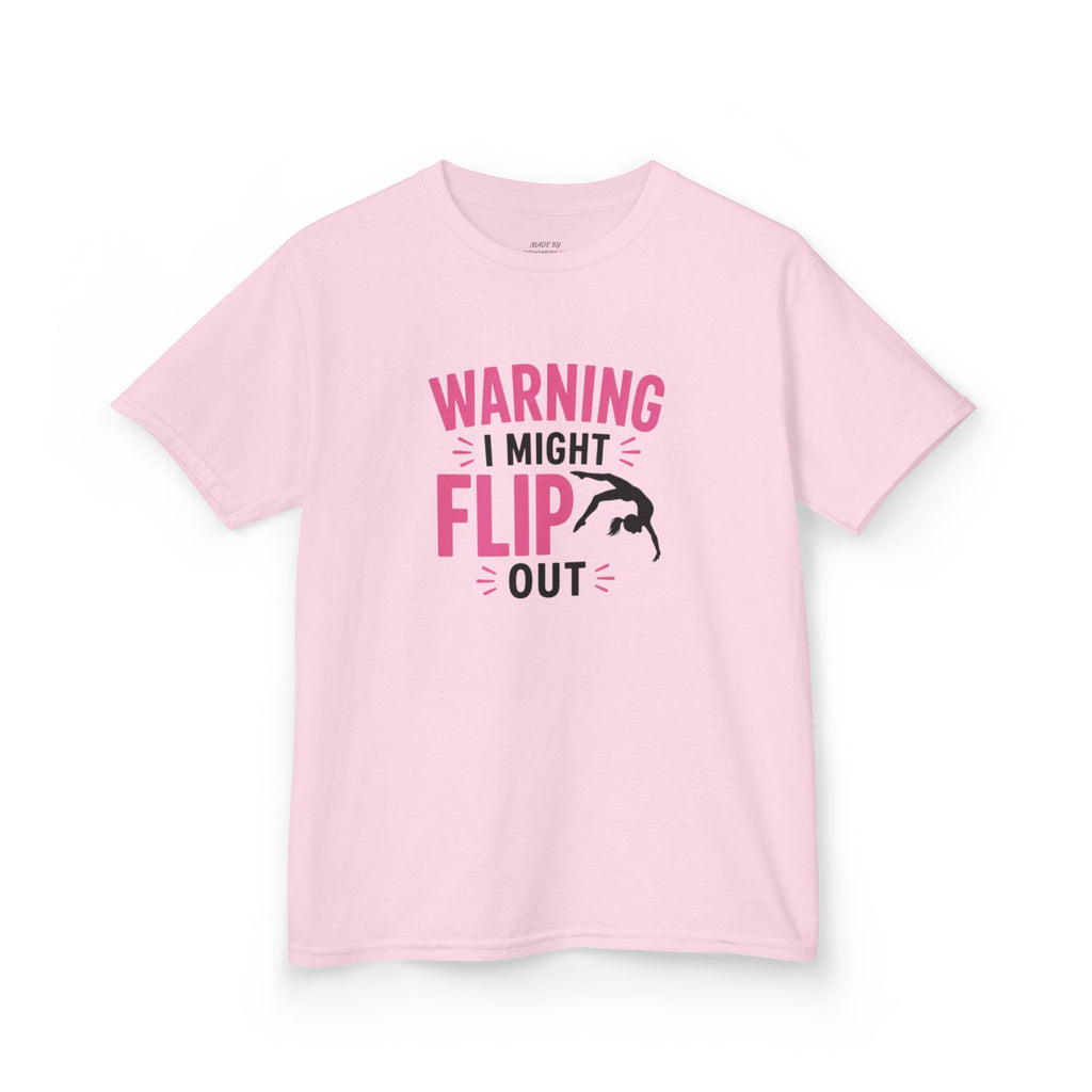 Kids T-Shirt — "Warning I Might Flip Out" Gymnastics Tee