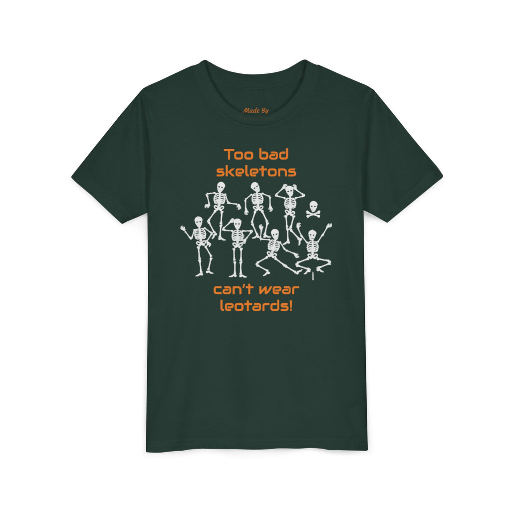 Kids Halloween Gymnastics Tee – ‘Too Bad Skeletons Can’t Wear Leotards!’ (Kids)