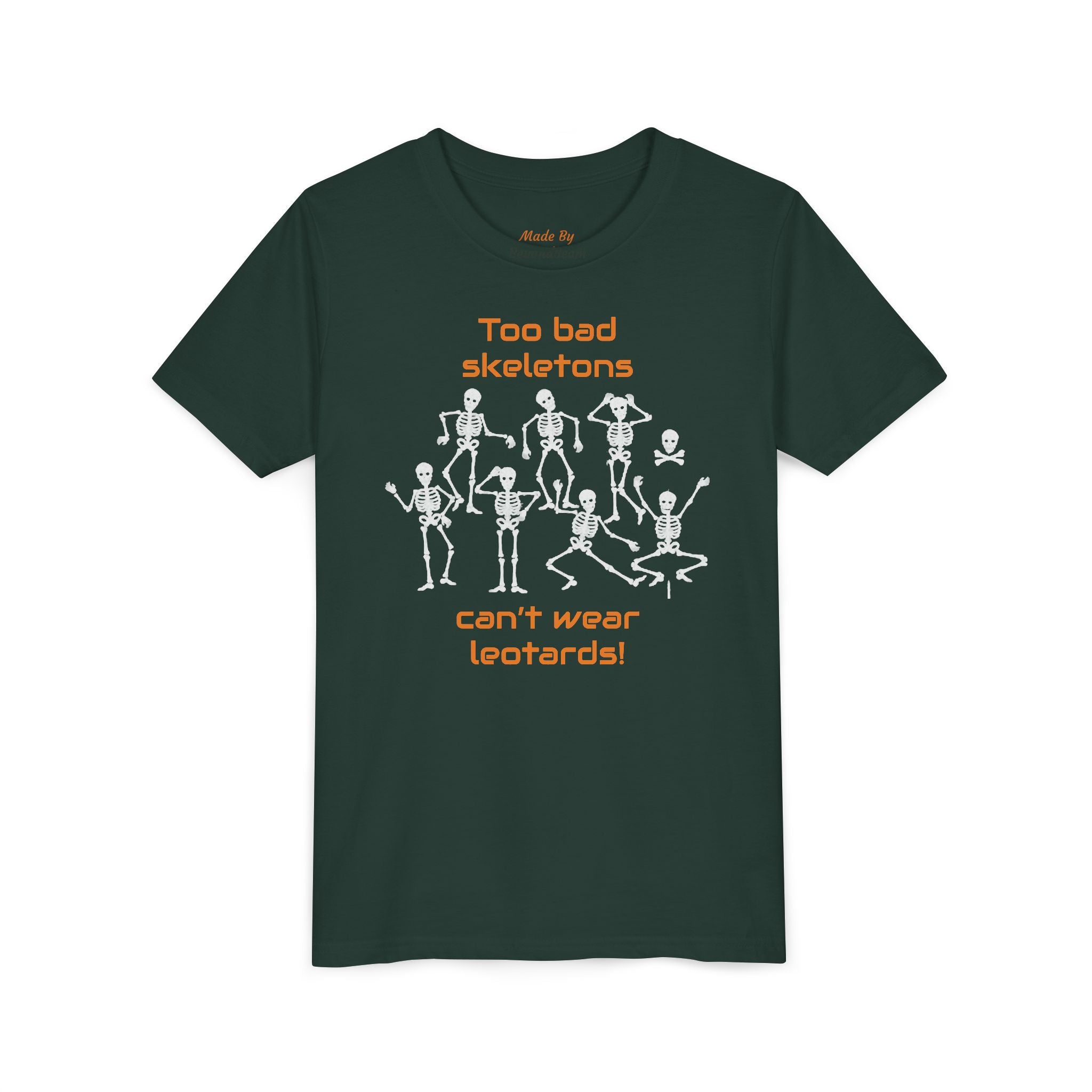 Kids Halloween Gymnastics Tee – ‘Too Bad Skeletons Can’t Wear Leotards!’ (Kids)