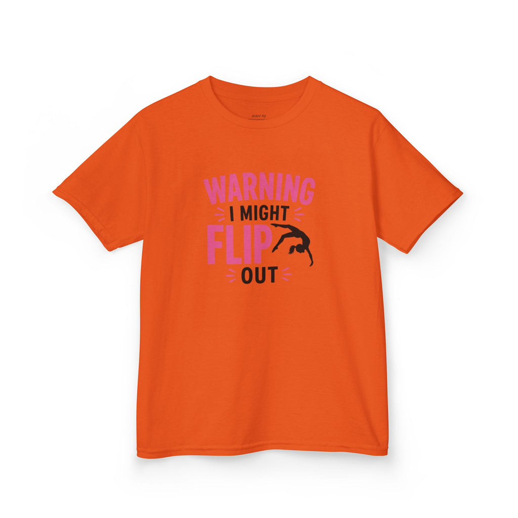 Kids T-Shirt — "Warning I Might Flip Out" Gymnastics Tee