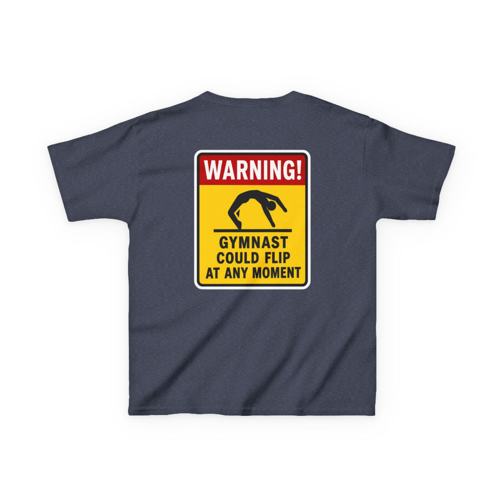 Kids Tee — “Warning! Gymnast Could Flip at Any Moment” Back Graphic