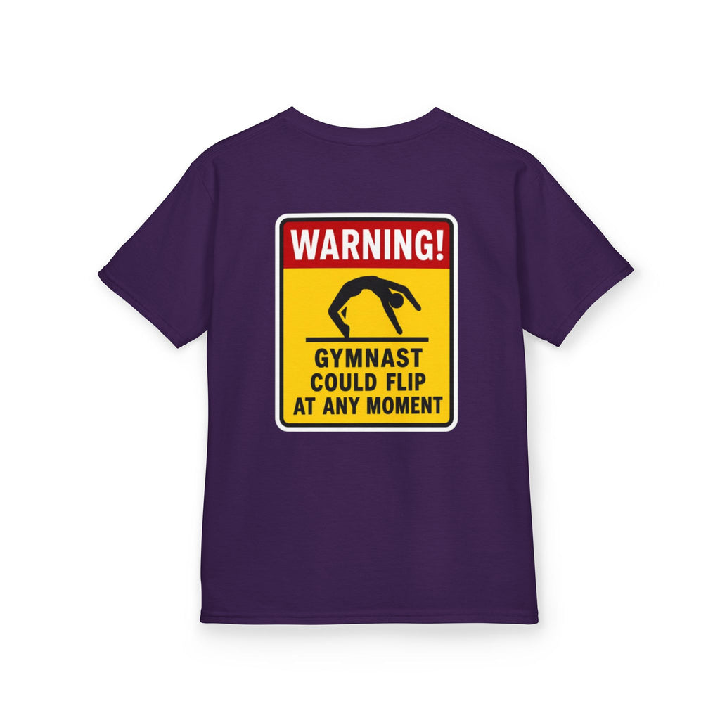 Kids Tee — “Warning! Gymnast Could Flip at Any Moment” Back Graphic