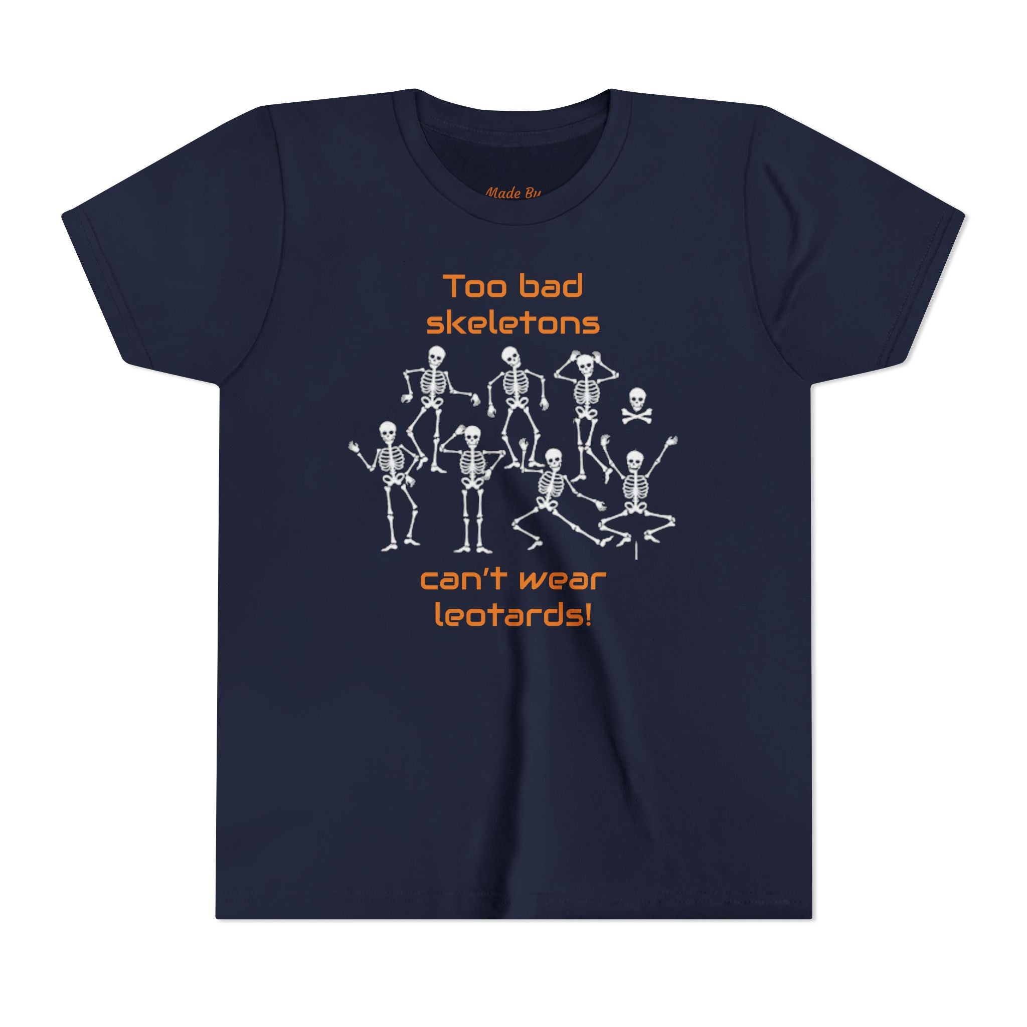 Kids Halloween Gymnastics Tee – ‘Too Bad Skeletons Can’t Wear Leotards!’ (Kids)