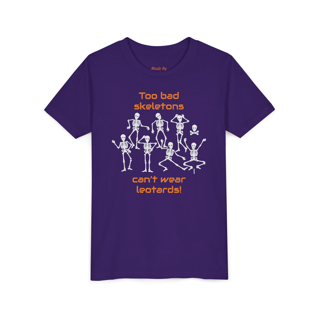 Kids Halloween Gymnastics Tee – ‘Too Bad Skeletons Can’t Wear Leotards!’ (Kids)