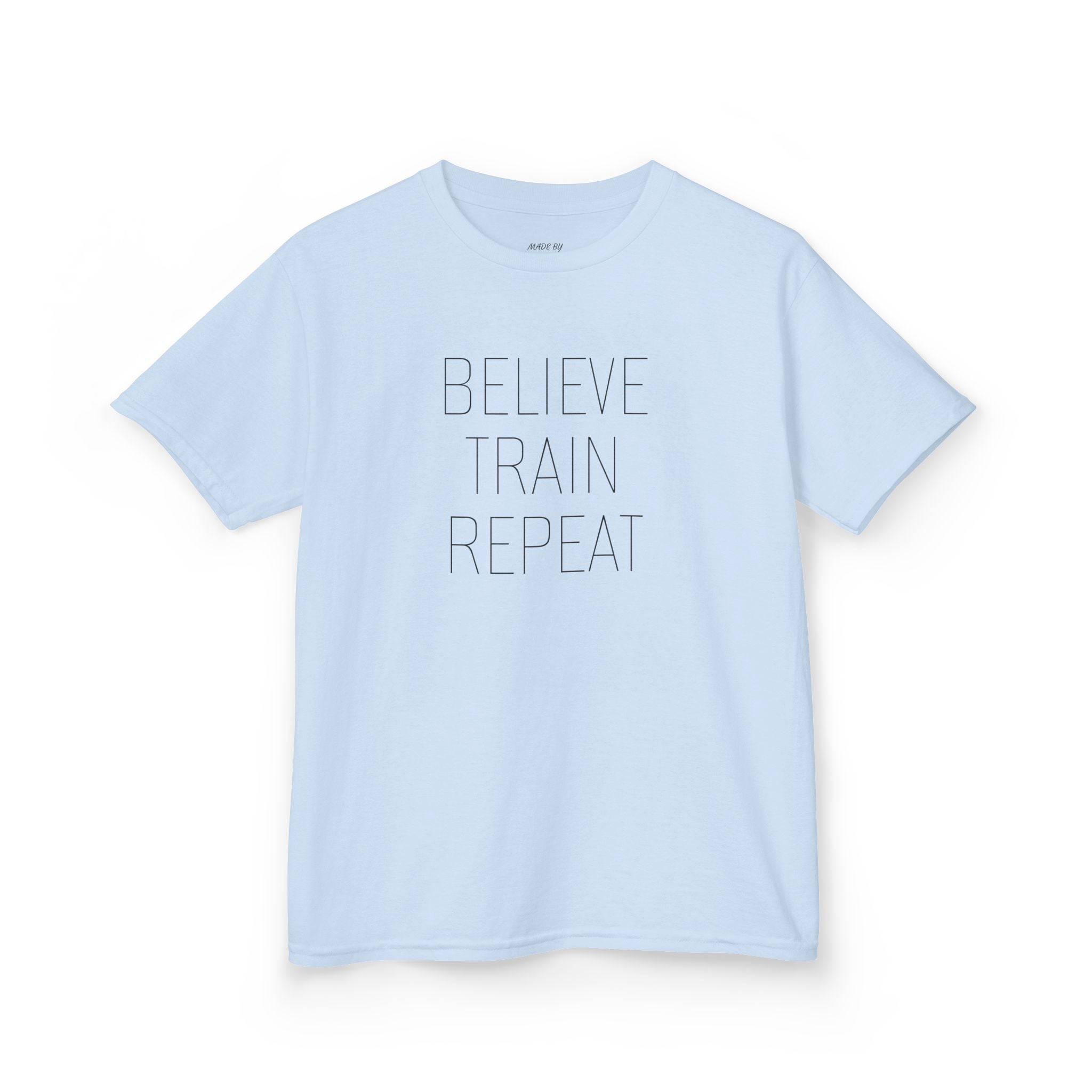 Kids Tee — "Believe Train Repeat" Motivational Sports Shirt
