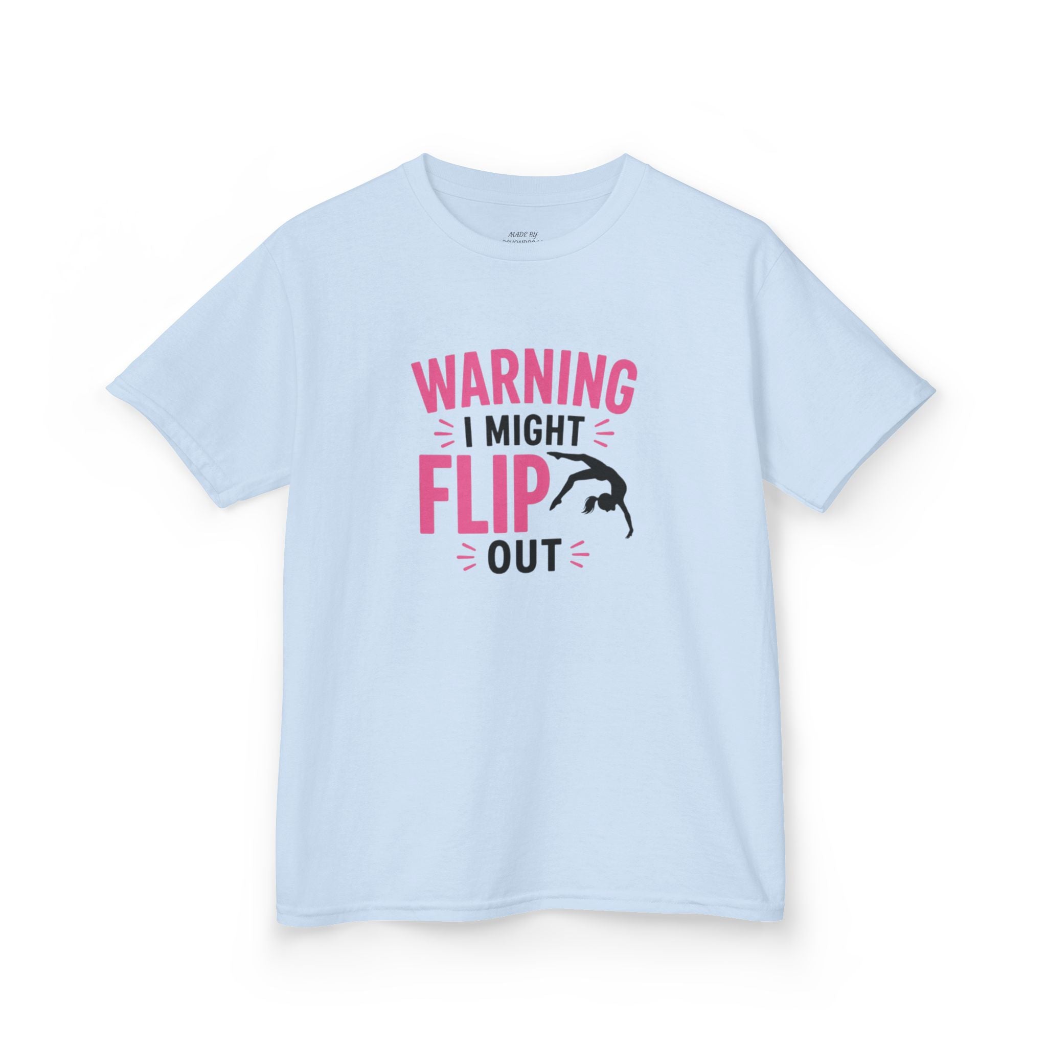 Kids T-Shirt — "Warning I Might Flip Out" Gymnastics Tee
