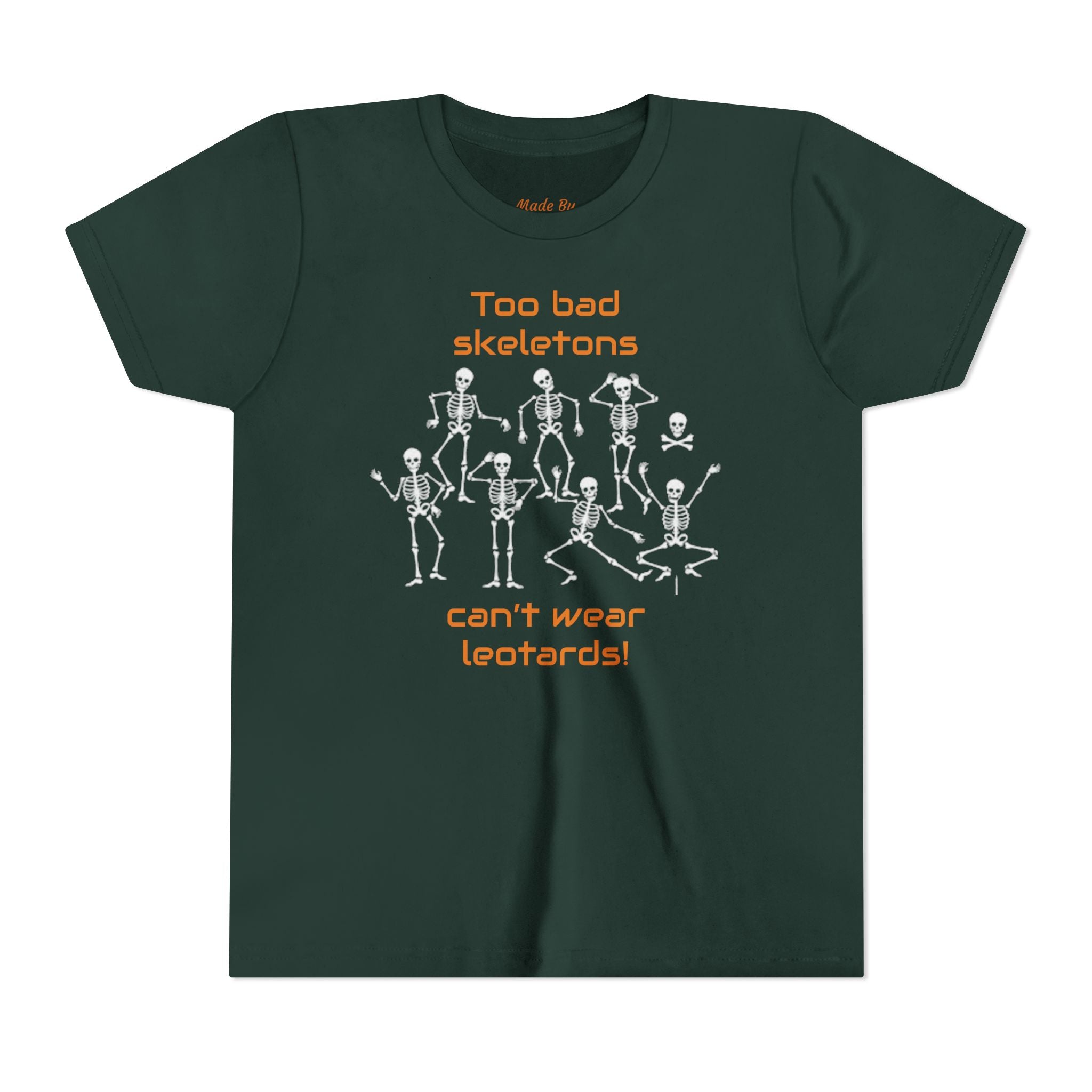 Kids Halloween Gymnastics Tee – ‘Too Bad Skeletons Can’t Wear Leotards!’ (Kids)