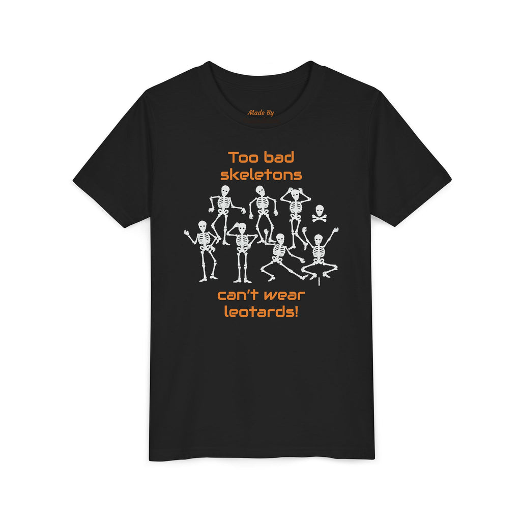 Kids Halloween Gymnastics Tee – ‘Too Bad Skeletons Can’t Wear Leotards!’ (Kids)