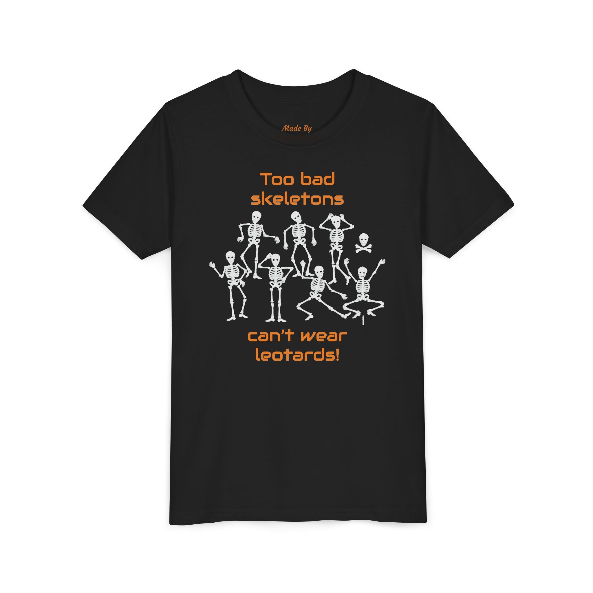 Kids Halloween Gymnastics Tee – ‘Too Bad Skeletons Can’t Wear Leotards!’ (Kids)