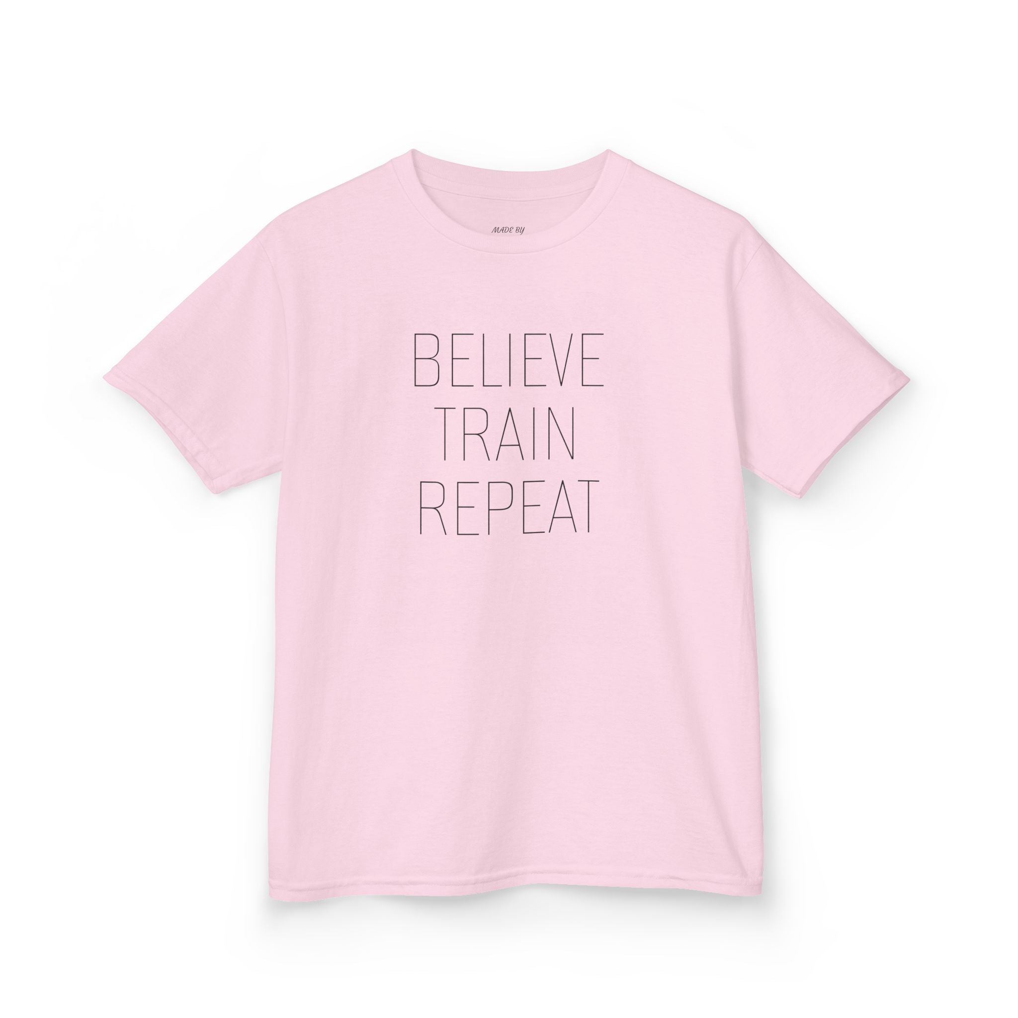 Kids Tee — "Believe Train Repeat" Motivational Sports Shirt