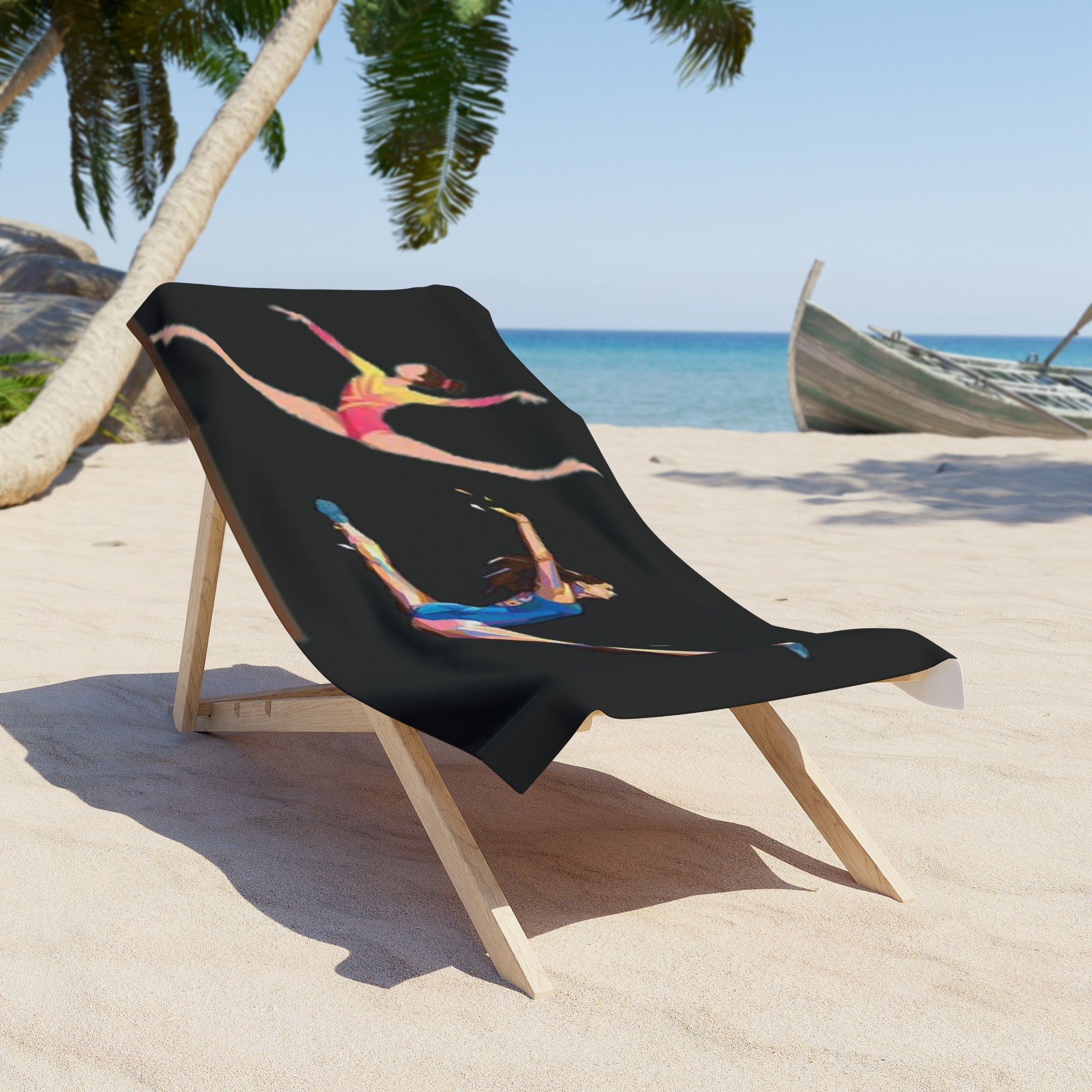 Gymnastics Leap Beach Towel — Colorful Gymnasts Design on Black