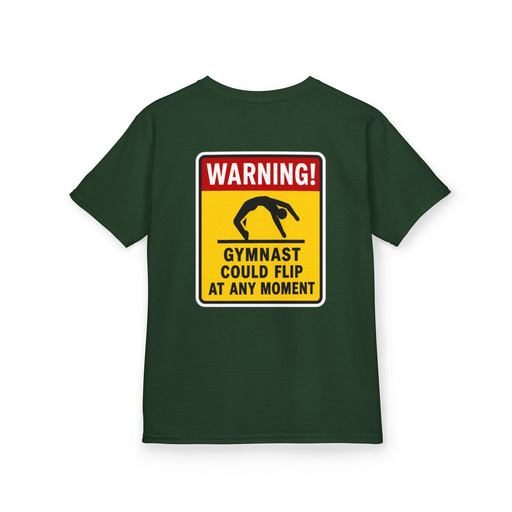 Kids Tee — “Warning! Gymnast Could Flip at Any Moment” Back Graphic