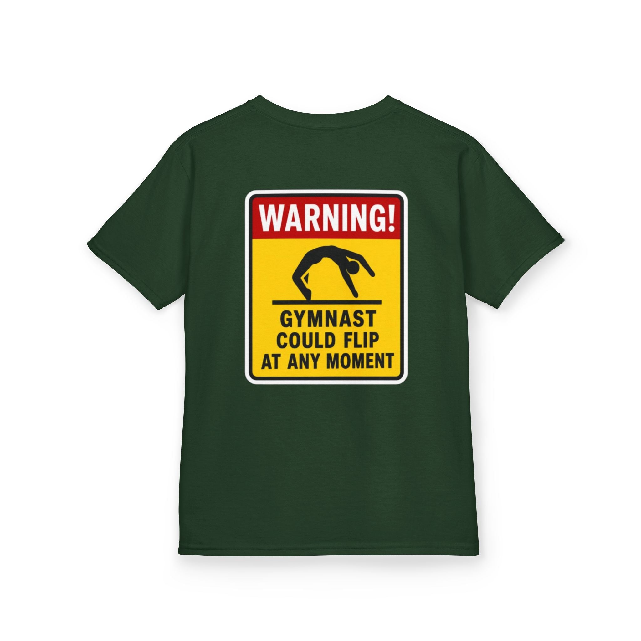 Kids Tee — “Warning! Gymnast Could Flip at Any Moment” Back Graphic