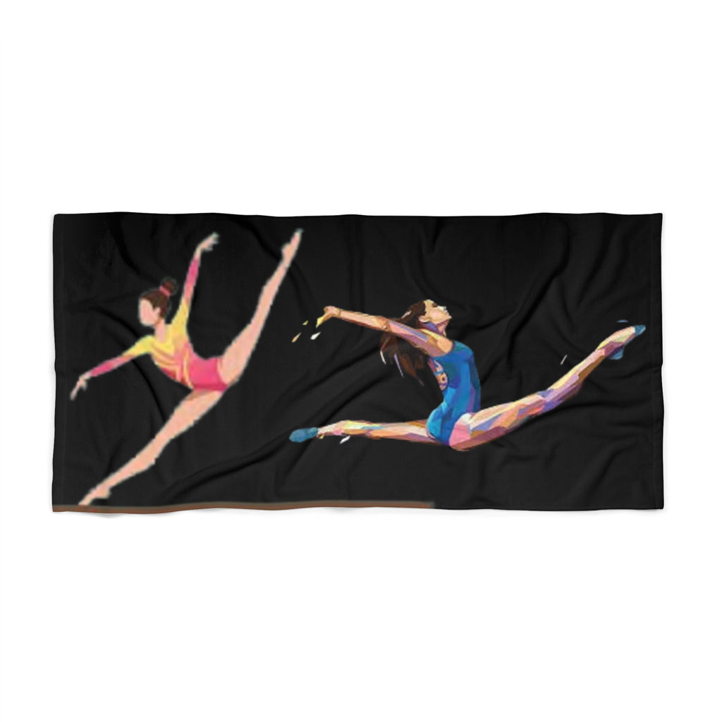 Gymnastics Leap Beach Towel — Colorful Gymnasts Design on Black