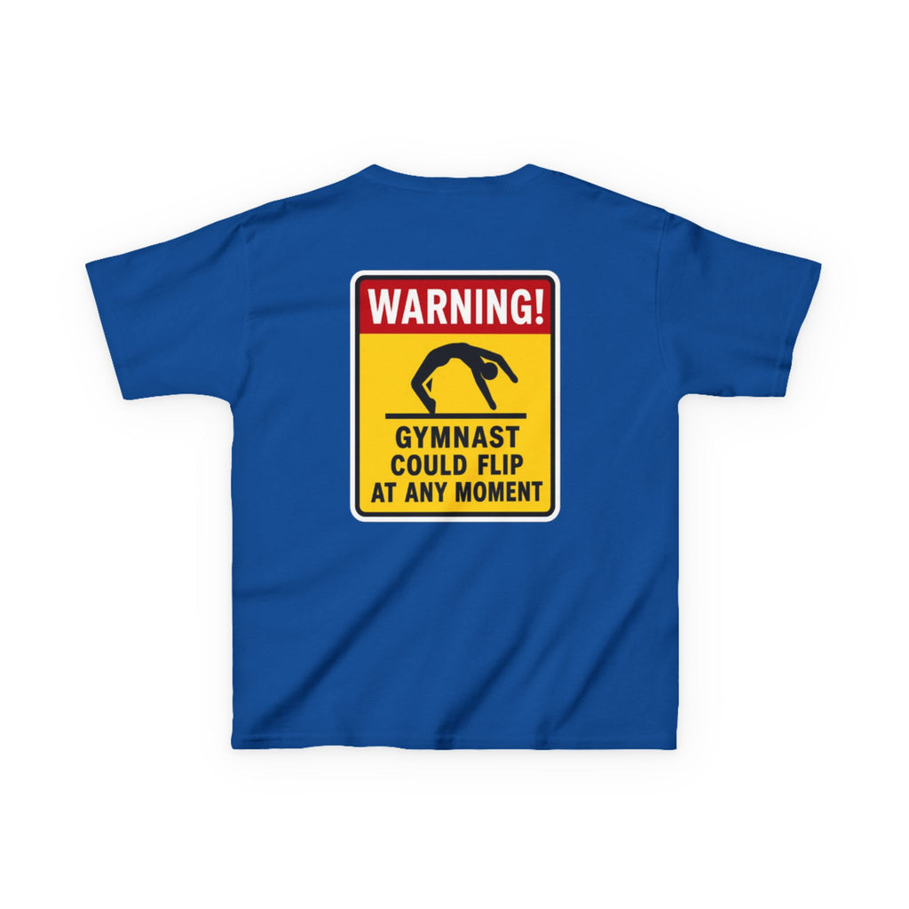 Kids Tee — “Warning! Gymnast Could Flip at Any Moment” Back Graphic