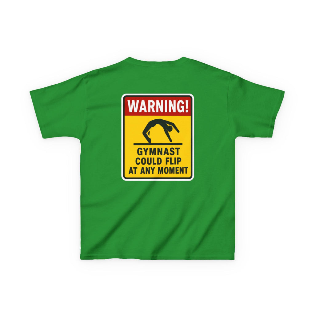 Kids Tee — “Warning! Gymnast Could Flip at Any Moment” Back Graphic