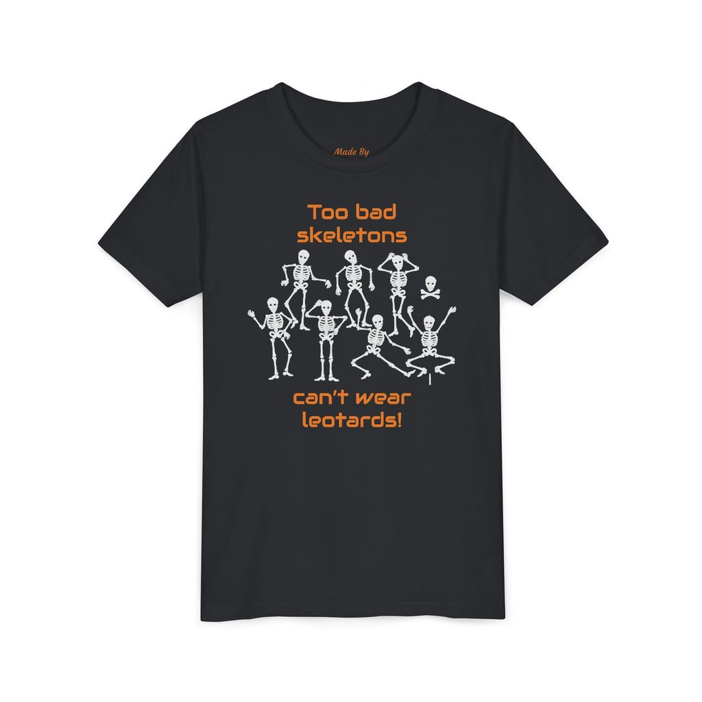 Kids Halloween Gymnastics Tee – ‘Too Bad Skeletons Can’t Wear Leotards!’ (Kids)