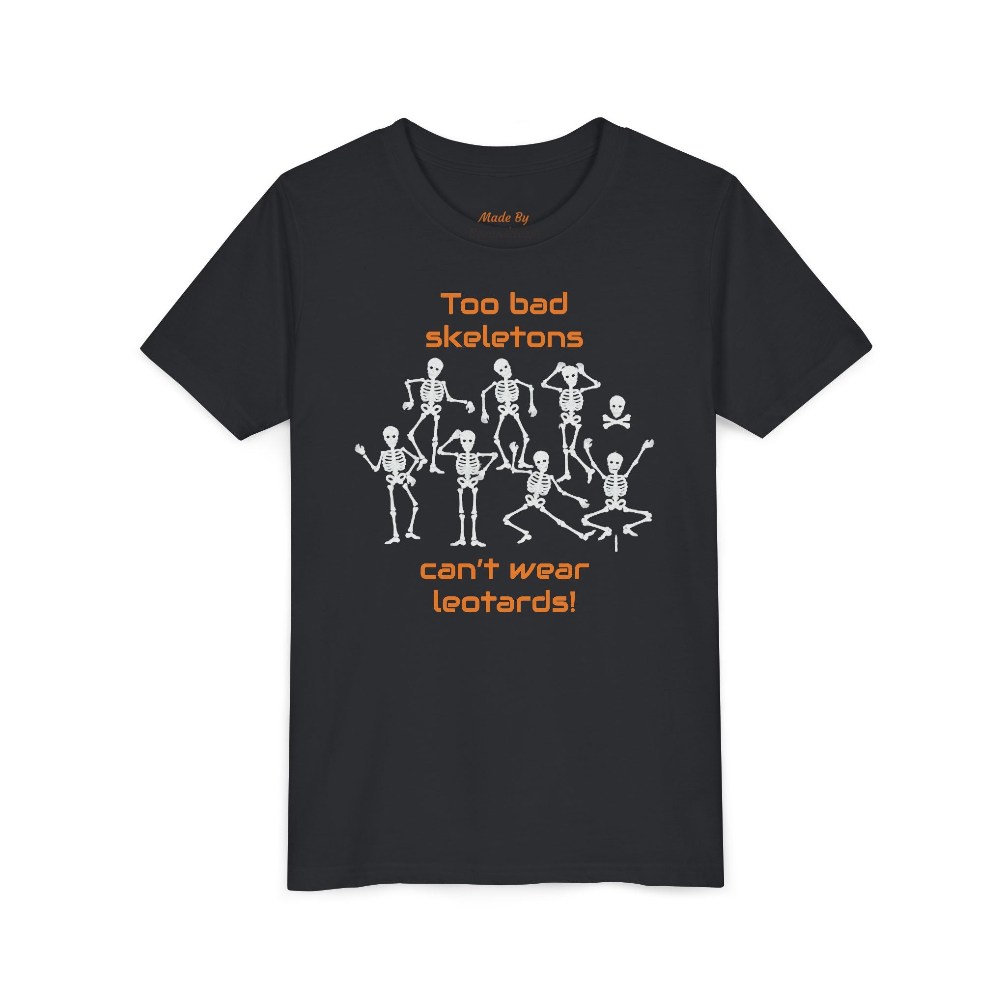 Kids Halloween Gymnastics Tee – ‘Too Bad Skeletons Can’t Wear Leotards!’ (Kids)
